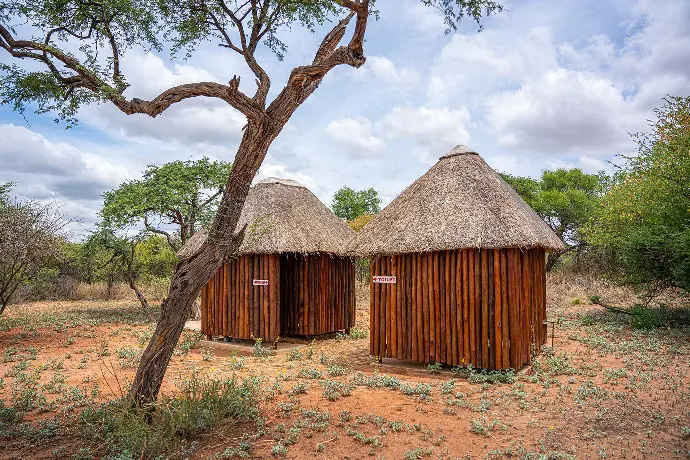 Two thatched wooden huts among trees
